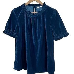 Gap Blouse Womens S Blue Velvet Ruffle Cottagecore Puff Sleeve Peasant Edwardian